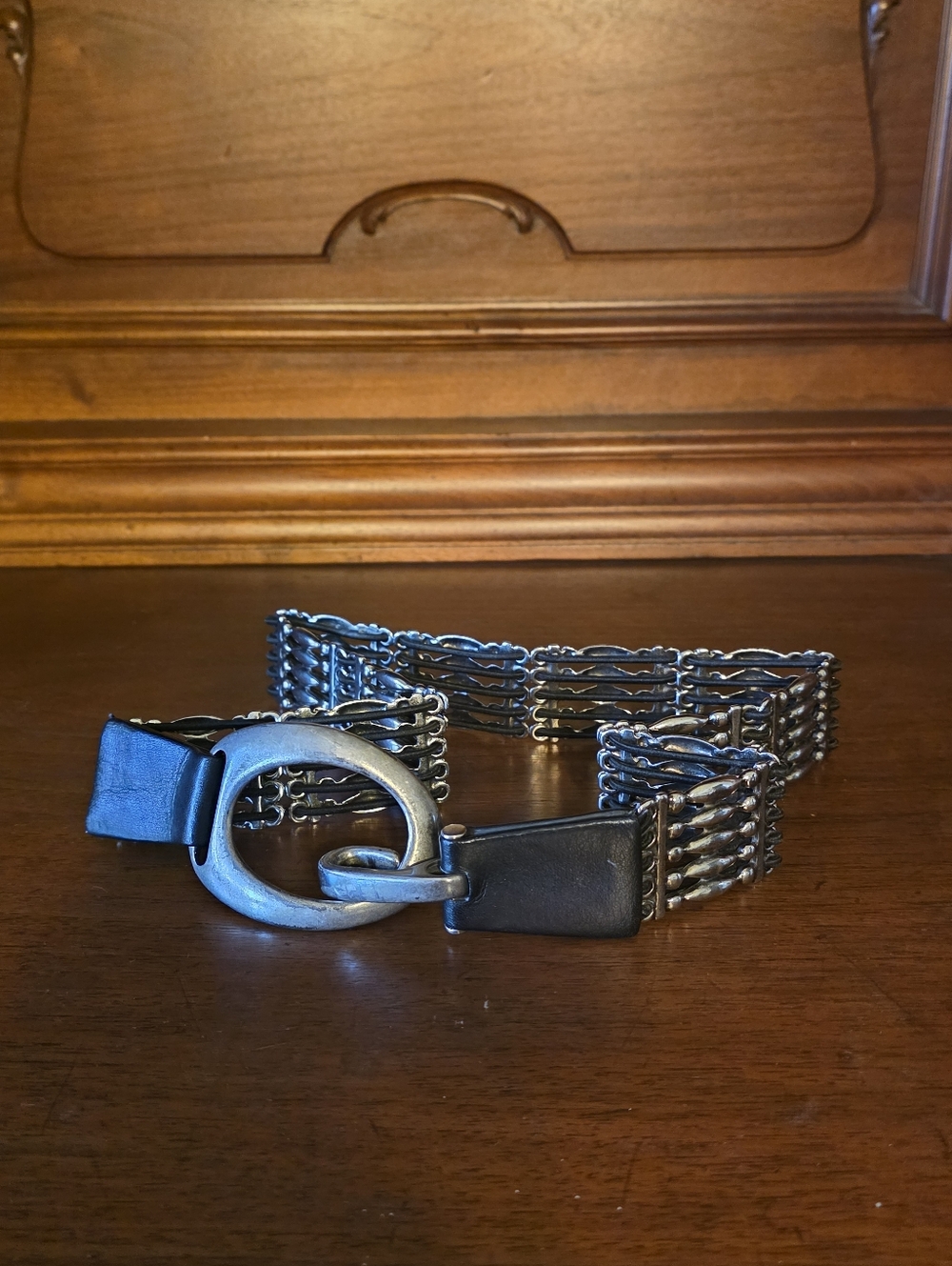 Suzi Roher Silver Metal Belt With Black Leather Accent
